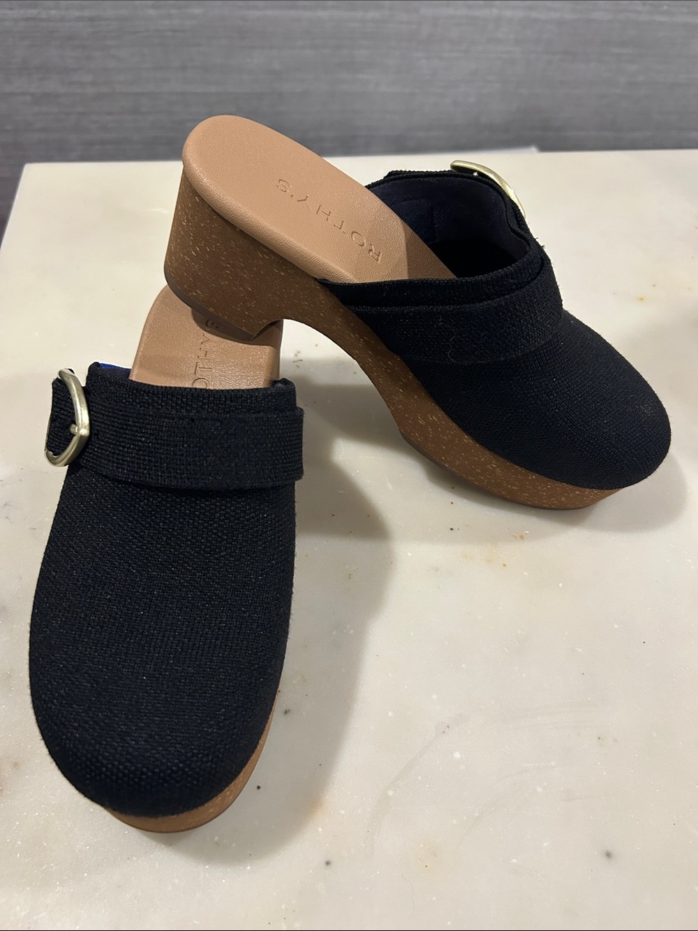 Rothy's Black Knit Slip-On Mule with Gold Buckle